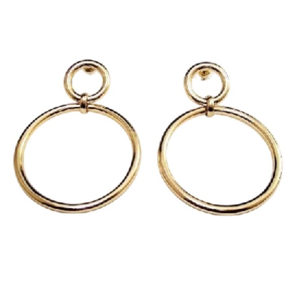 2 1/2" Long Double Thick Ring Hoop Pierced Post Stud Gold Tone Earrings Polished - Picture 2 of 5